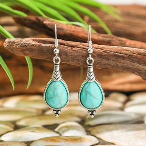 Pendientes Colgantes de Aleación de Bisutería de Moda, Chapados en Plata Antigua con Turquesa Engastada, Estilo Bohemia para Mujer - Product Image 2
