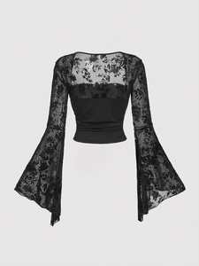 Design Sensation Dentelle Splicing T-shirt en maille à manches longues Sexy Style élégant Manches longues Col carré Haut en fibre de polyester - Product Image 3