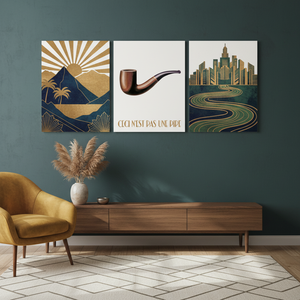 Art Deco <b>Landscapes</b> <b>Canvas</b> Art Set Ceci N'est Pas Une Pipe <b>Print</b> SET of 3 PANEL <b>CANVASES</b> for HANGING - Product Image 2