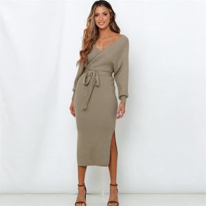 Robe longue décontractée pour femme, style pull, col en V profond, taille nouée, fente latérale, conception personnalisée d'usine OEM - Product Image 2