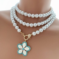 Kalung Mutiara 3 Lapis TK-C621 untuk Wanita, Liontin Bunga Turquoise, Kalung Elegan untuk Liburan dan Pernikahan