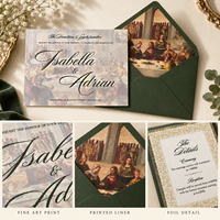 Carte de mariage vintage style Renaissance, peinture à l'huile classique, papeterie de mariage avec enveloppe et carte d'insertion détaillée
