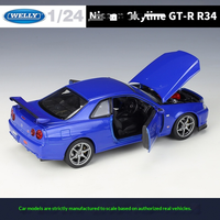 WELLY 1:24 Nissan Skyline GT-R R34 Modèle de voiture en alliage moulé sous pression avec portes et capot ouvrables pour collectionneurs, véhicules, jouets cadeaux