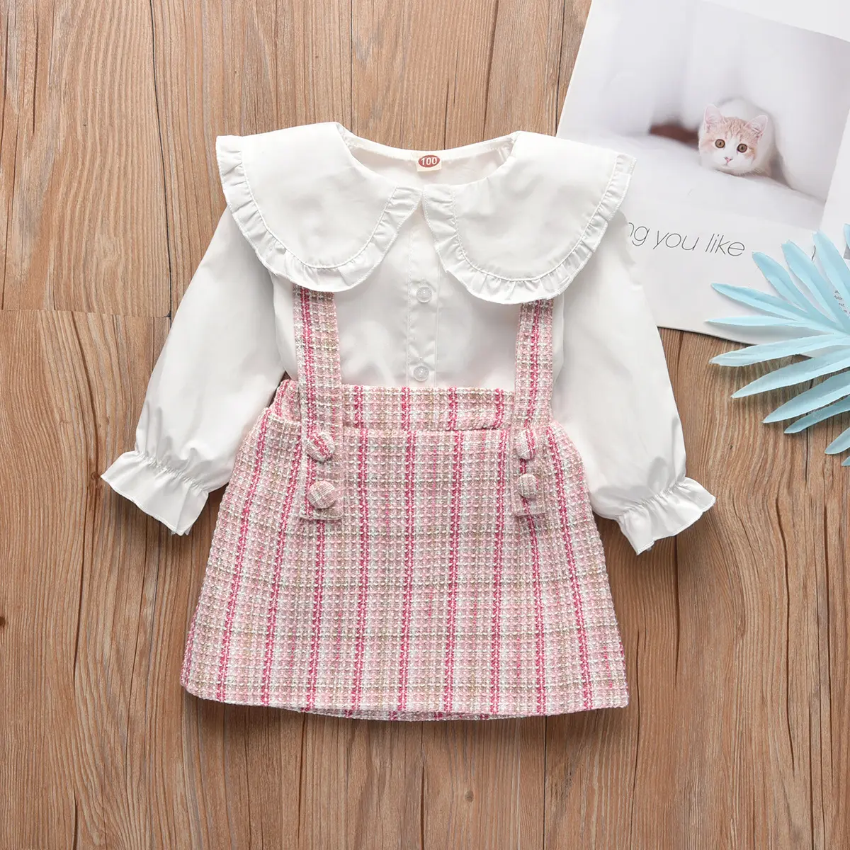 5586 Spring Kids Baby Girls Casual Clothes 2pcs Solid Ruffles Long Sleeve Tops Shirt+Suspender Plaid Skirts Clothing Set