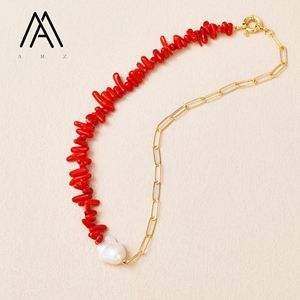 Collar de Perlas Barrocas Blancas de Agua Dulce Naturales con Plántulas de Coral Rojo y Cadena de Oro para Joyería Artesanal de Mujer - Product Image 2