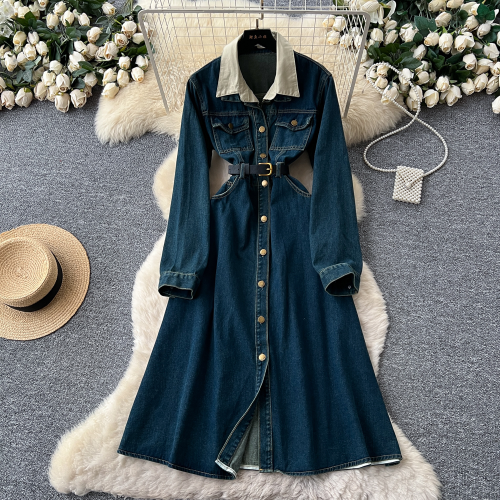 chinese dress ladies Korean Style] Long Sleeve Single Breasted Denim Dress w/ Belt  Ordicle