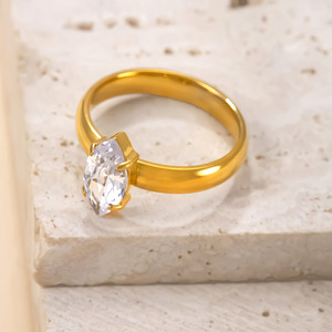 JZ338 18K Gold Plated Stainless Steel Marquise Cut CZ <b>Ring</b>, Wide Band <b>Statement</b> <b>Ring</b> for Women - Product Image 2