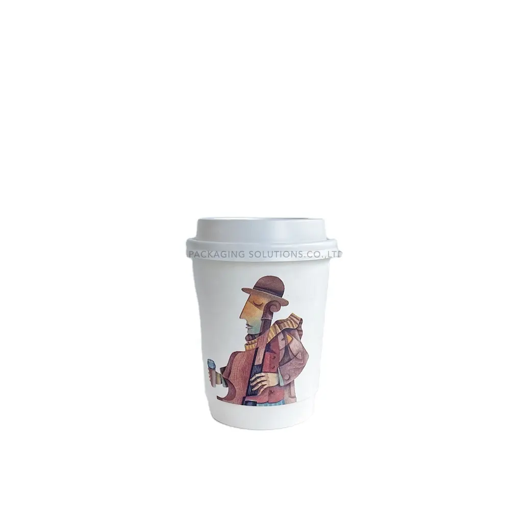 फ्लैट व्हाइट लट्टे मिल्क टी चाय कारीगर कॉफी के लिए ढक्कन के साथ कलात्मक 8 ऑउंस ब्राउन वायलिन छवि मुद्रित डबल वॉल पेपर कप