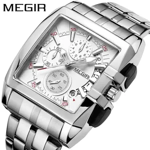 Megir男士手表大方形表盘时尚石英防水模拟现代防水夜光计时时钟时尚手表