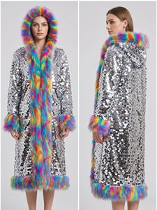 Cappotto Lungo da Donna in Pelliccia Sintetica con Paillettes Lucide Arcobaleno, Stile Punk Y2K, con Cappuccio, per Feste e Spettacoli Invernali, <span class=keywords><strong>Giacca</strong></span> Patchwork Color Block - Product Image 2