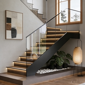 Escalier droit flottant moderne pour intérieur, avec rampe métallique et marches en bois, idéal pour cuisine, <span class=keywords><strong>salle</strong></span> de bain, villa de luxe, duplex, maison durable - Product Image 3