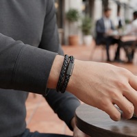 Bracelet Double couche en cuir véritable pour homme, fermoir en acier inoxydable, de haute qualité