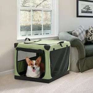 Custom Printed Folding Dog Cage Crate Expandable Soft-Sided Pet Carrier with Removable Fleece Pad and Pockets Belt Closure
