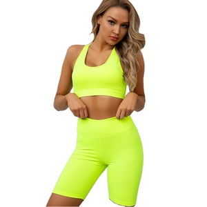 Custom Wholesale <strong>Lime</strong> <strong>Green</strong> <strong>Ladies</strong> Sexy Gym <strong>Top</strong> Sports Bra and Ruched Biker Shorts Set - Product Image 1