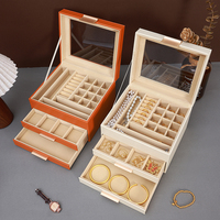 Boîte à bijoux en cuir PU à grande capacité, 3 étages, pour colliers, bagues, boucles d'oreilles, avec couvercle transparent, étui à bijoux pour bracelets