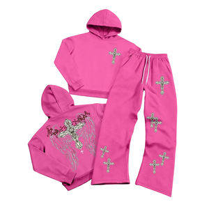 Ensemble 2 pièces pour femme, sweat-shirt et pantalon de survêtement, imprimé croix gothique ange, automne, poids lourd, 100% coton, tissu tricoté anti-boulochage - Product Image 1