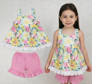 Conjunto de 2 Piezas RTS para Primavera/Otoño, Casual, de Algodón Peinado con Spandex, Estampado Floral, con Volantes, Shorts, Ropa Linda para Bebé Niña - Product Image 1
