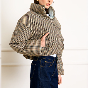 Veste matelassée courte à carreaux <span class=keywords><strong>beige</strong></span> pour femme <span class=keywords><strong>Plaid</strong></span> surdimensionné pour la mode décontractée - Product Image 4