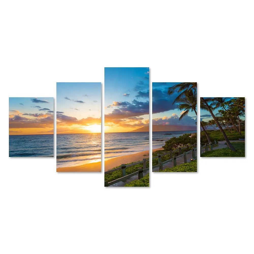 Pengiriman Drop Grosir 5 Panel Lukisan Kanvas Pemandangan Matahari Terbenam Pantai untuk Ruang Tamu Dekorasi Dinding Lukisan Lanskap Dekor Rumah