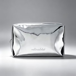 Silver Metallic PU Leather Cosmetic Bag Large Capacity Women <b>Makeup</b> Bags Waterproof Travel Toiletry Bag with Embossed Logo - Product Image 3