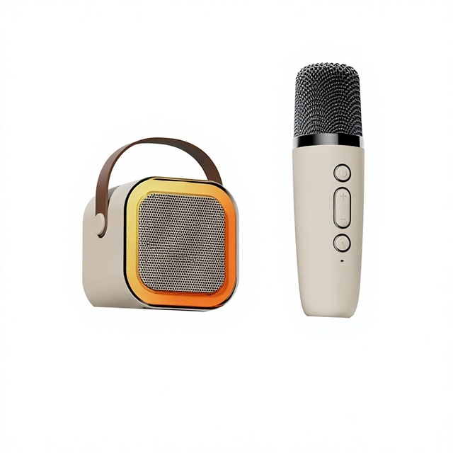 Portable Bluetooth Karaoke Microphone Set with Built-in Microphone Battery Powered Wireless Speaker and Handbag (Beige)