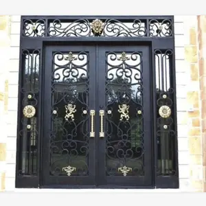 Puerta de Hierro forjado de tamaño grande con ventana lateral y ventana superior, estilo lujoso, venta directa de fábrica