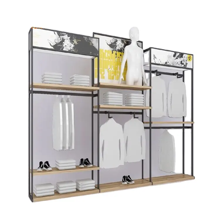 Tienda de ropa simple Diseño de interiores estante de ropa de metal soportes de exhibición de madera para tienda de ropa