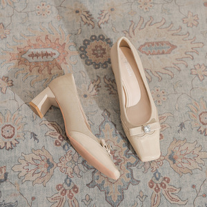 Genuine Leather Square Toe Mary Jane Pumps With Buckle Decoration <b>Block</b> Slip On High Heeled Shoes For Women All Seasons Shoes - Product Image 4