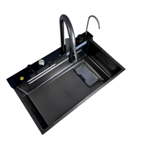 Évier de cuisine rectangulaire en acier inoxydable noir nano fait à la main avec motif de volcan de baleine, évier simple à quatre trous, affichage numérique piano
