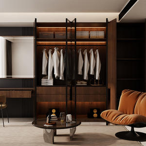 Armoire de chambre à coucher de style vintage avec porte en verre, en bois de noyer, du sol au plafond, grande capacité de rangement - Product Image 1