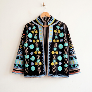Abrigo Bohemio Bordado con Flores para Mujer, Talla Grande, Cuello Mandarín, Manga Farol, Ropa Exterior Informal, Chaqueta de Terciopelo para Otoño - Product Image 1