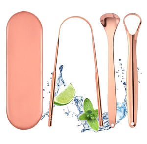 Juego de limpiadores de lengua chapados en cobre de grado médico, <span class=keywords><strong>Kit</strong></span> de rascador de lengua de acero inoxidable 304 con estuche de viaje, venta al por mayor de fábrica - Product Image 1