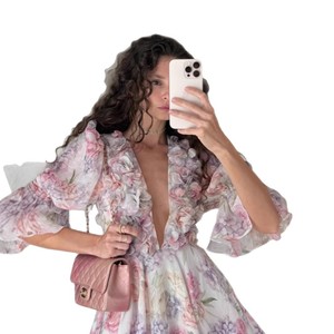 Floral Print V Neck <b>Elastic</b> Waist Midi <b>Dress</b> Deep V Neck Breathable Daily Casual <b>Dress</b> - Product Image 5