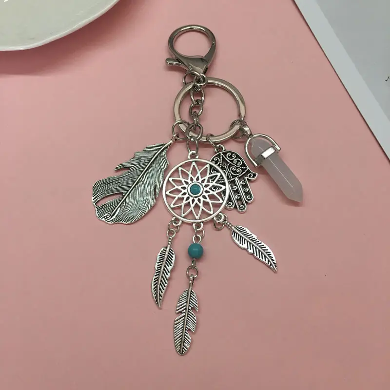 GT cristal Natural Atacado mini chaveiro Boho Dream Catcher Feather Folha Tassel Keychain
