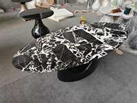 Ensemble de table à manger moderne en marbre de luxe, table ovale en pierre naturelle veinée noire et blanche pour salle à manger de villa