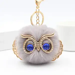 wholesale fashion pom pom key chains owl keychain puff fur ball Promotion Sequins Plush owl keychain key rings pendant for woman