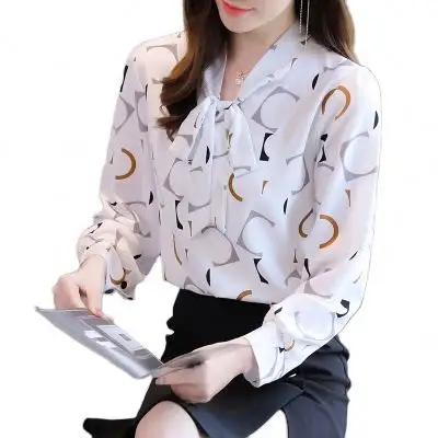 2024 Women Shirts Bow Collar Long Sleeve Printed Lace Up Neck Office Lady Fashion Elegant Tops Clothes Blouse Casual Shirt