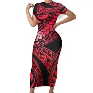 Hot Selling O Neck Short Sleeve Long Bodycon Tight Dresses Gowns Polynesian Tattoo Printed Maxi Dress Plus Size Womens Dresses