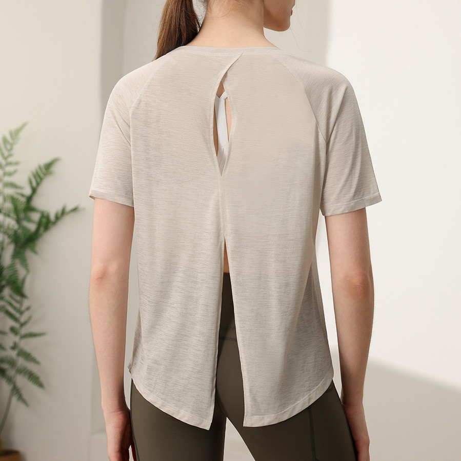 Thin Breathable Sun-Protective Fitness Workout Top Short-Sleeve Womens Crew-Neck Solid Simple Cover-Up Yoga T-Shirt Loose