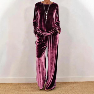 Women's <b>Velvet</b> Casual Suit Long Sleeve Round Neck <b>Trousers</b> Plus Size Solid Color Blue <b>Green</b> Purple Coffee Black S M L XL XXL - Product Image 3