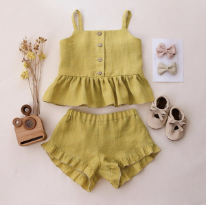 Set di vestiti carini per bambine estive da 0 a 24M con volant in tinta unita Top senza maniche + pantaloncini da donna set di abbigliamento da 2 pezzi - Product Image 3