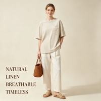 T-shirt personnalisé pour femme en mélange de lin naturel, coupe ample, col rond, manches courtes avec poche brodée, fabricant OEM