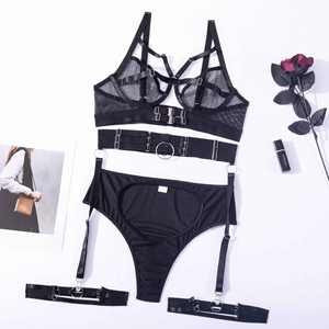 Ensemble de lingerie sexy pour femmes très vendu, avec sous-vêtements noirs froncés de haute qualité, ensemble trois pièces ajusté - Product Image 6