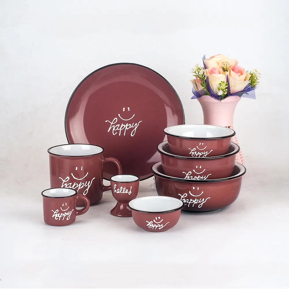 Set cangkir telur 16 buah warna kustom, mangkuk mug piring keramik meja makan malam dengan cetakan wajah senyum