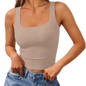 Camisetas sin mangas acanaladas para mujer 2025, cuello cuadrado, estilo crop, ropa de verano para entrenamiento, logotipo personalizado, venta al por mayor - Product Image 1