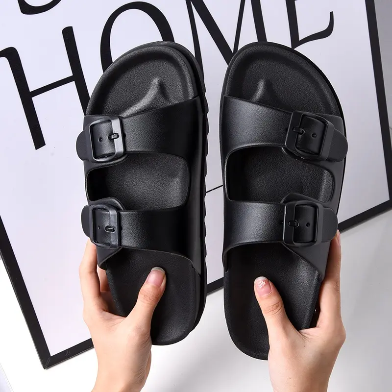 Nieuwe Aangepaste Pvc Liefhebbers Slippers Voor Zomer Badkamer Plain Black Slide Sandalen Met Verstelbare Gespen Slippers