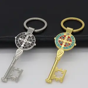 2PCS Saint Benedict Medal Key Keychain in Gold Silver Tone Key Pattern Pendant Key Ring Great Gifts for promotion business Sale