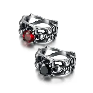 Anel de casamento feminino, anel de casamento estilo gótico, retrô, preto, vermelho, de diamante, de zircônia, caveira, joia para senhoras