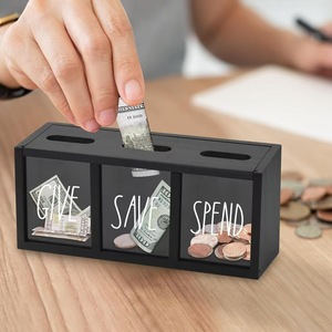 Caja de madera rectangular negra para ahorrar, guardar y gastar monedas y billetes, organizador de escritorio para niños de 5 a 7 años. - Product Image 1