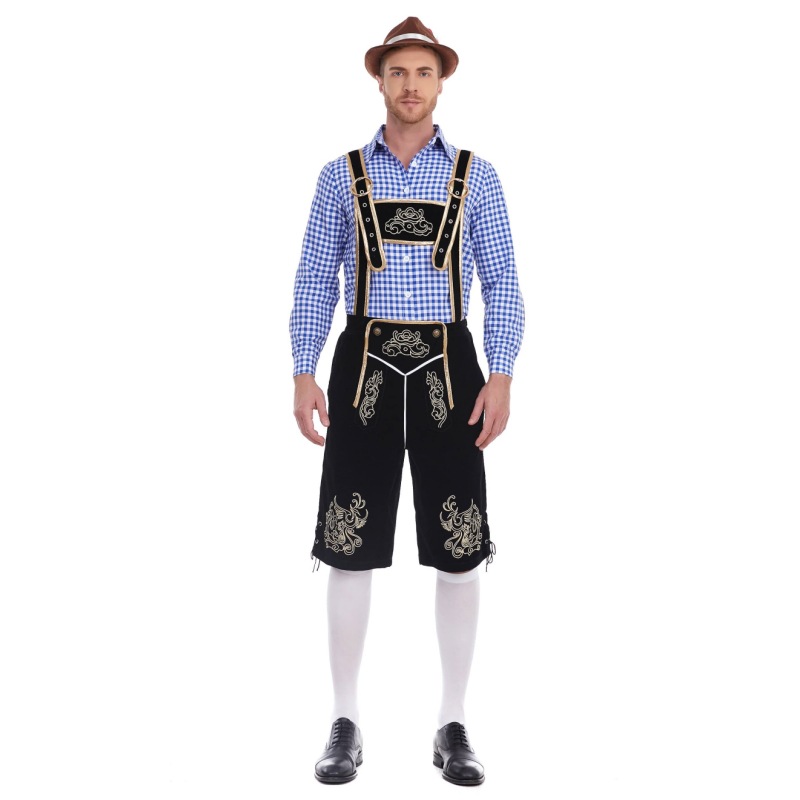 3645[Top blu + pantaloni neri + cappello marrone